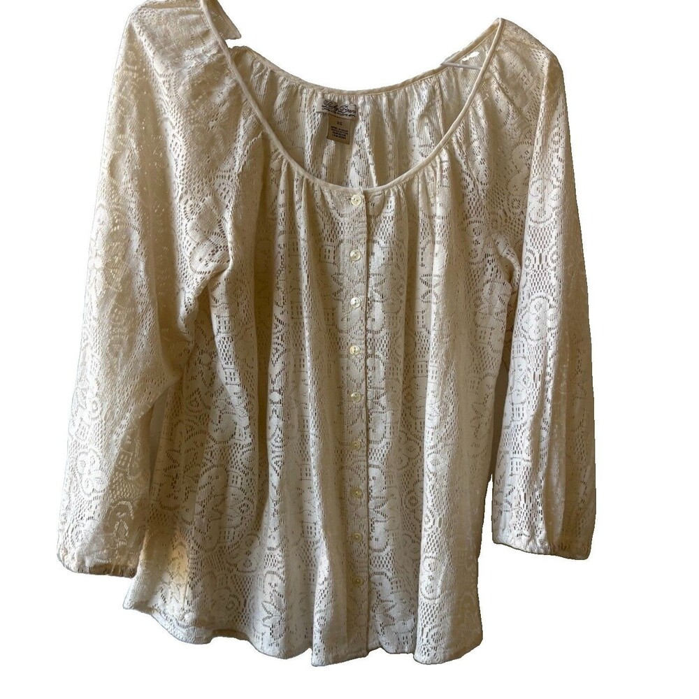 Lucky Brand Women’s Blouse XS White Floral Lace Scoop Neck 3/4 Sleeve Button